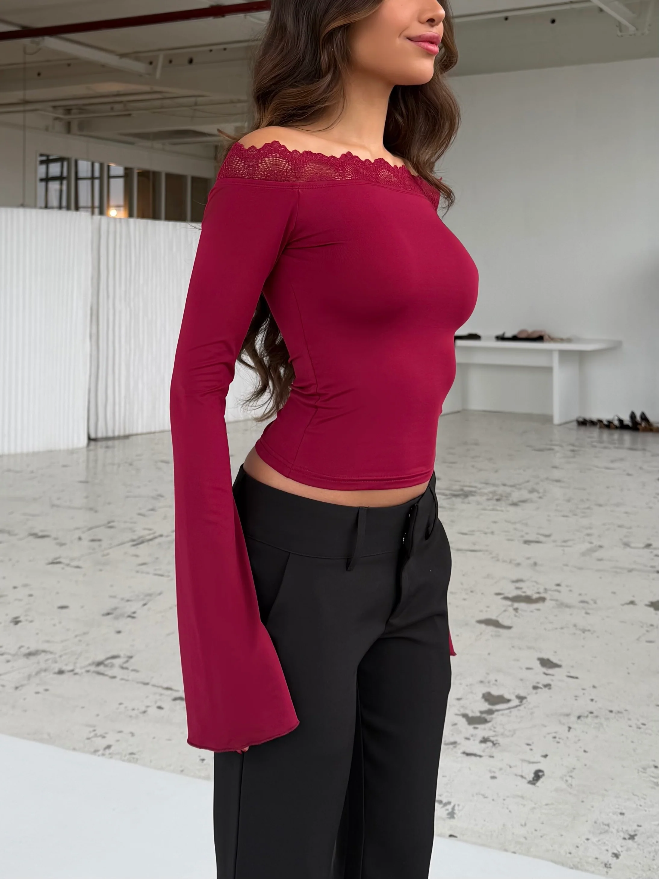 Bari Basic Lace Top – Dark Red - Image 5