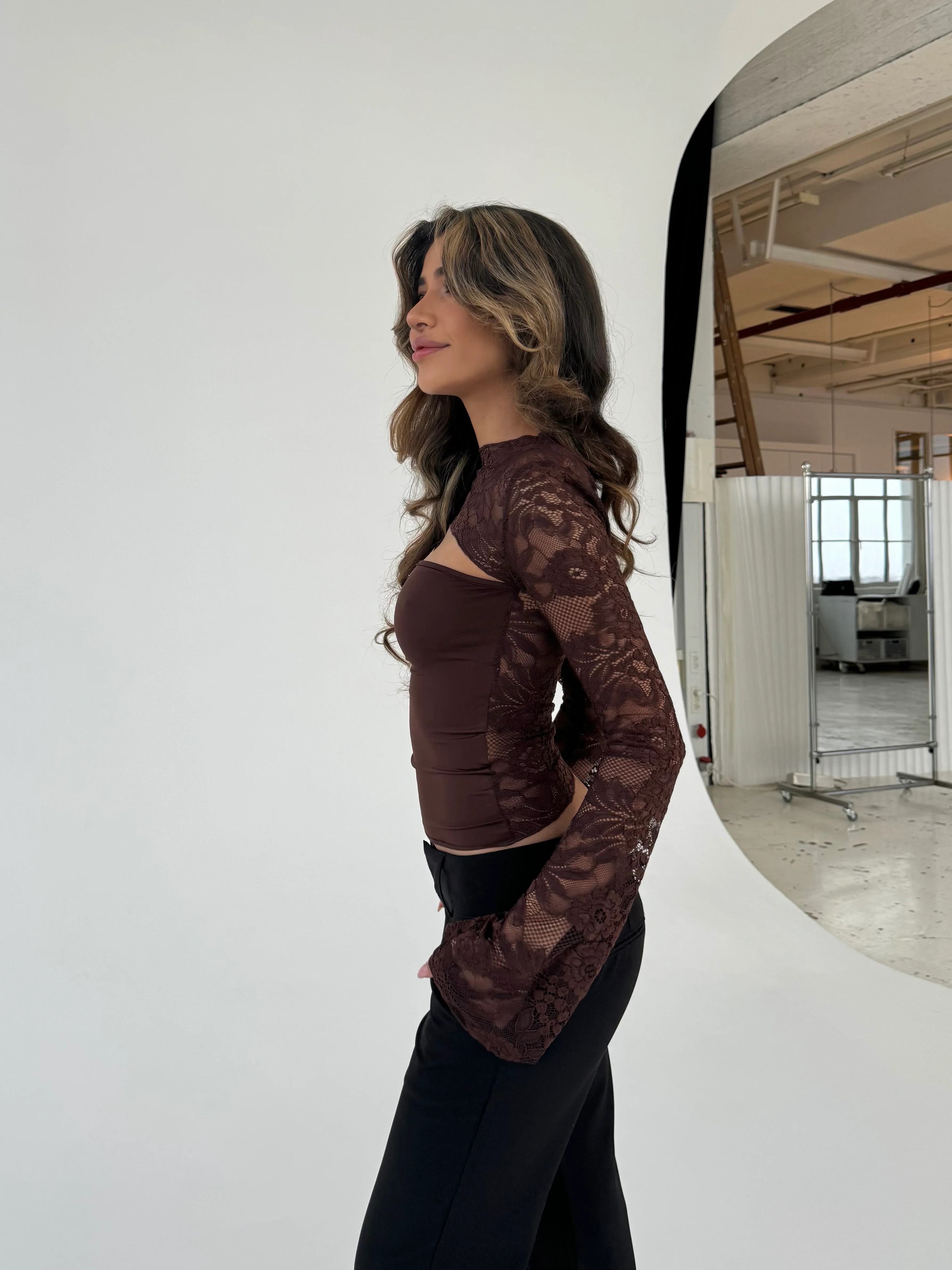 Lara lace long sleeve top - dark brown - Image 4