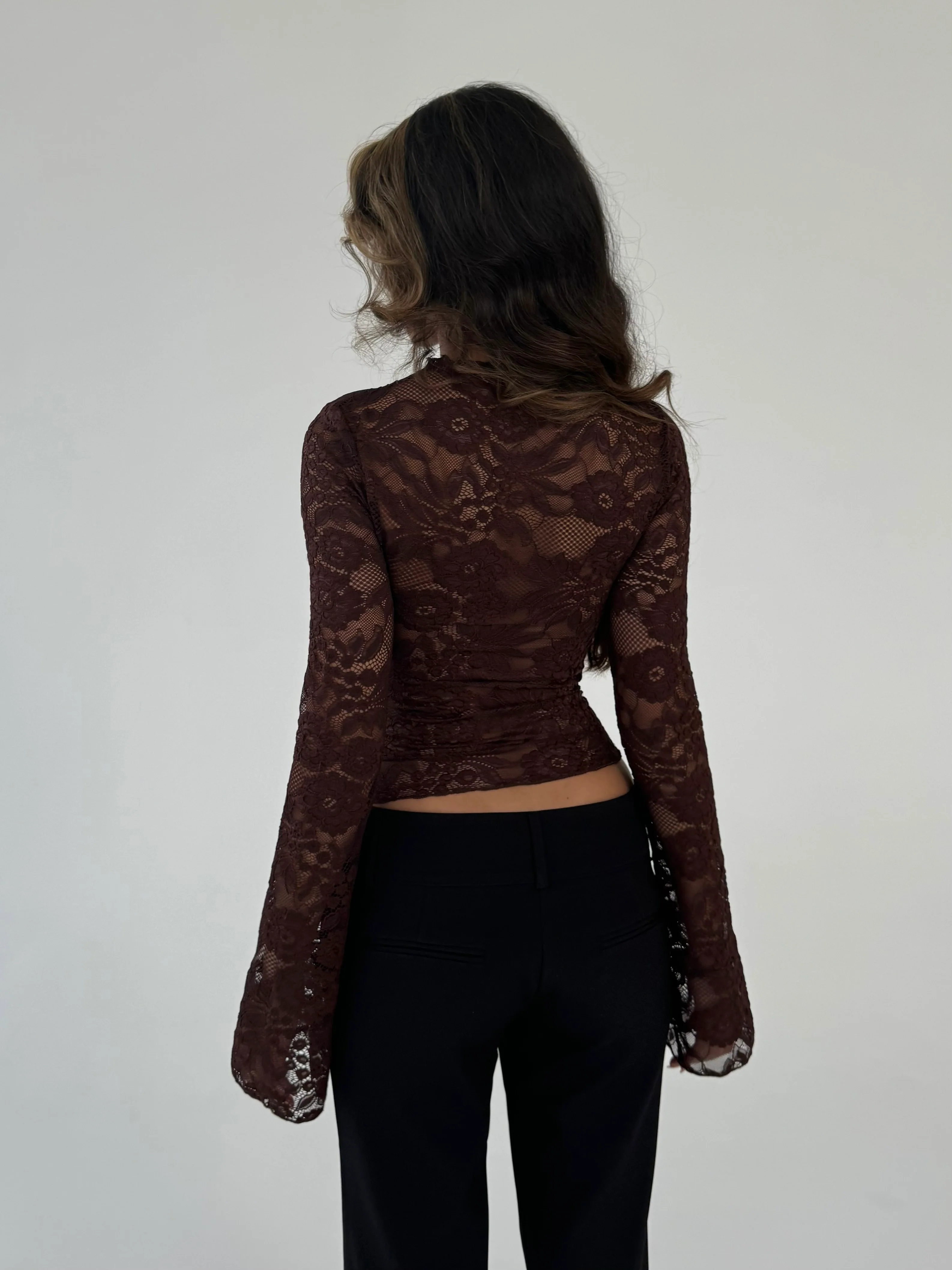 Lara lace long sleeve top - dark brown - Image 5