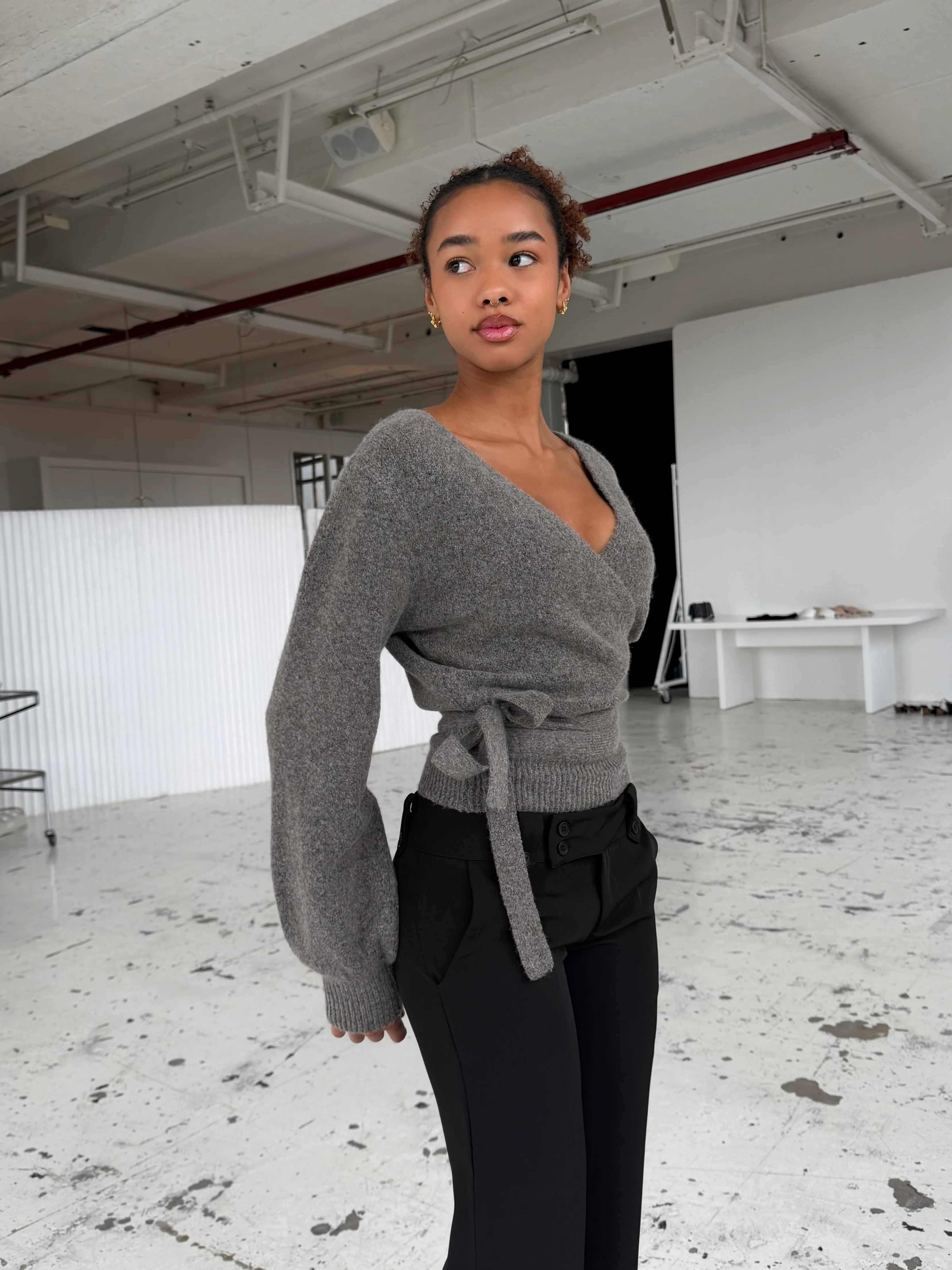 Wool blend wrap cardigan - Light grey/brown - Image 2