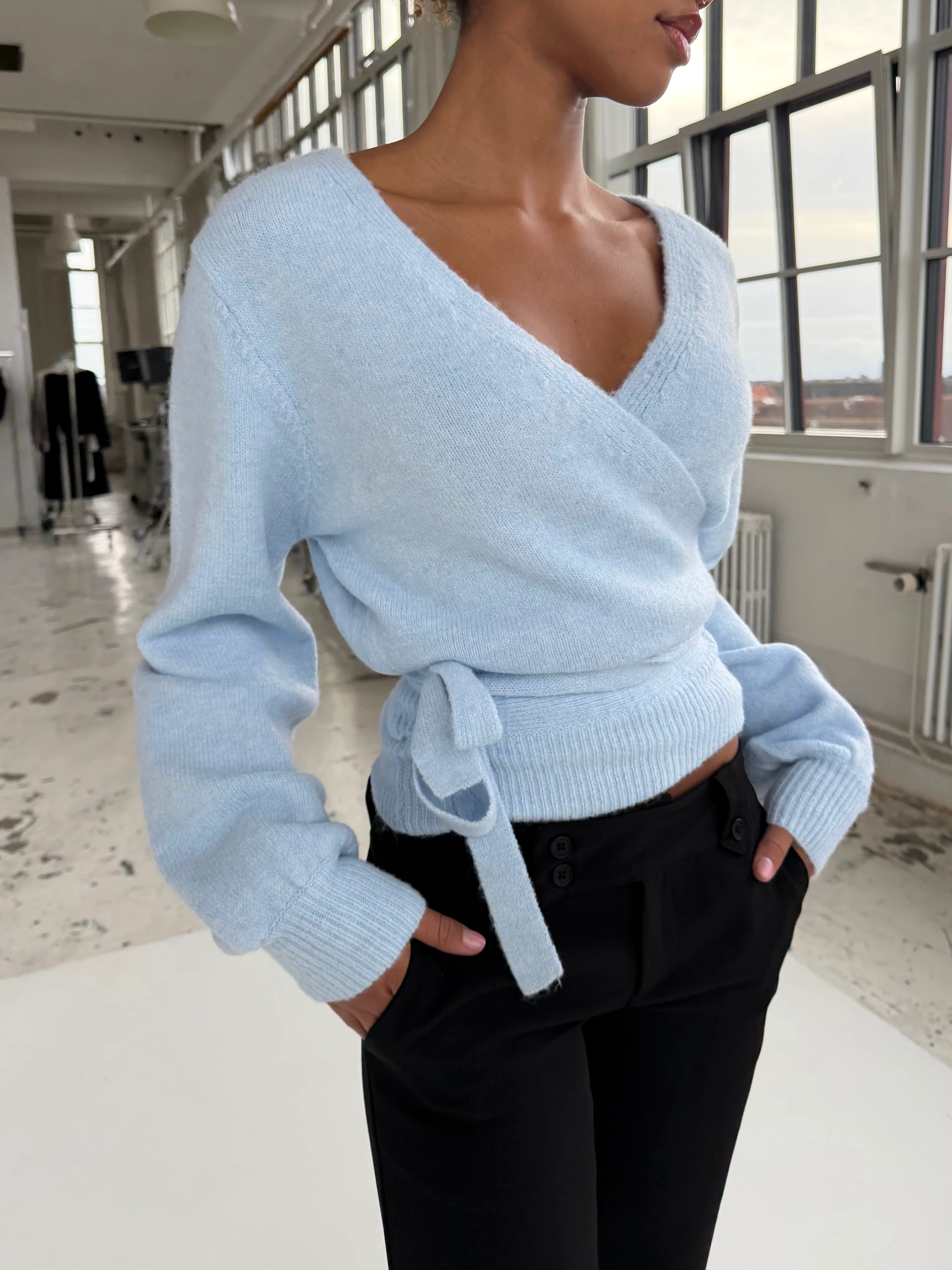 Wool blend wrap cardigan - Light blue