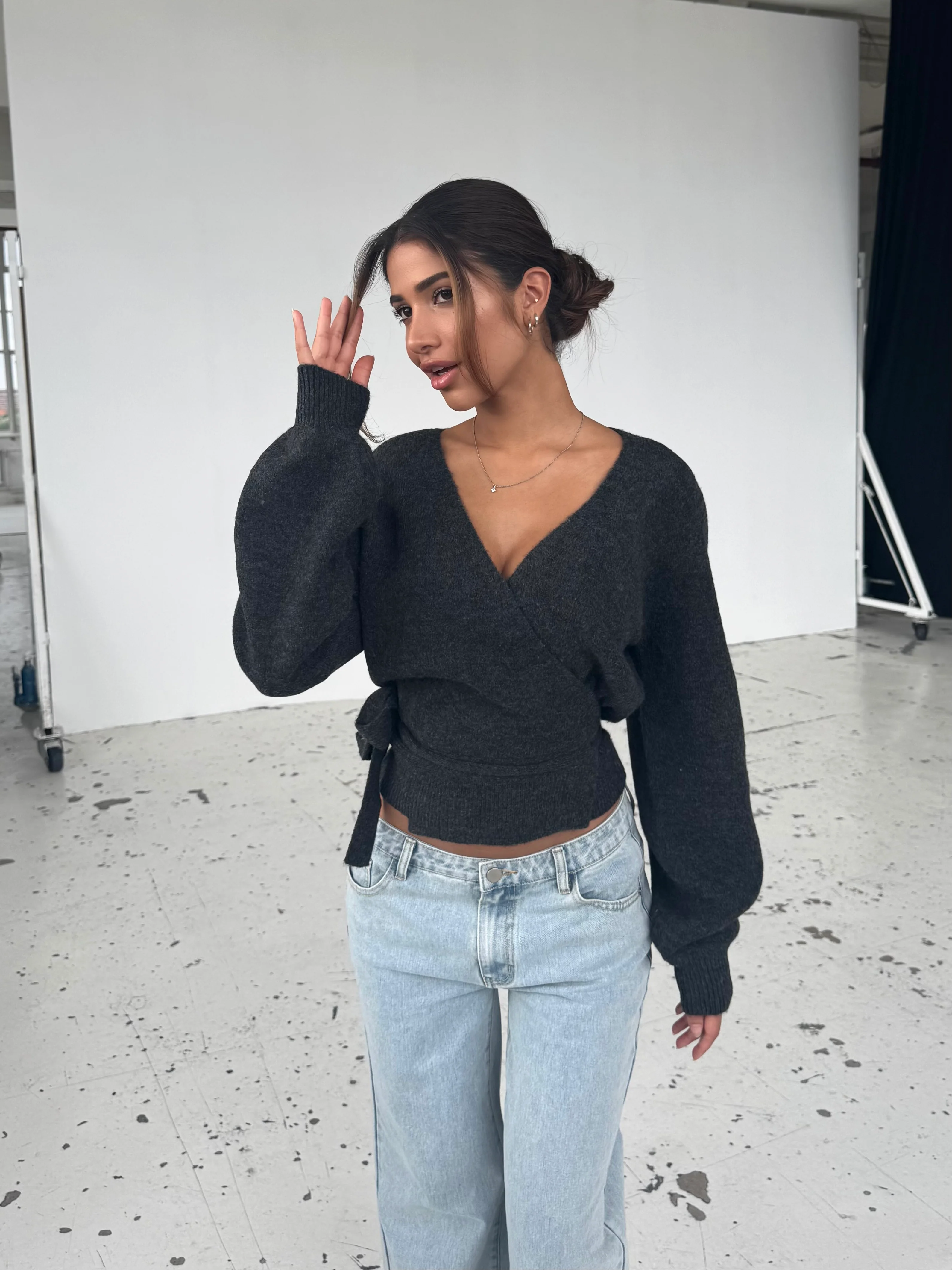 Wool blend wrap cardigan - dark grey